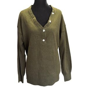 OAT NEW YORK Women's Sweater Size M Olive Green Button Up V Neck Knit NWT
